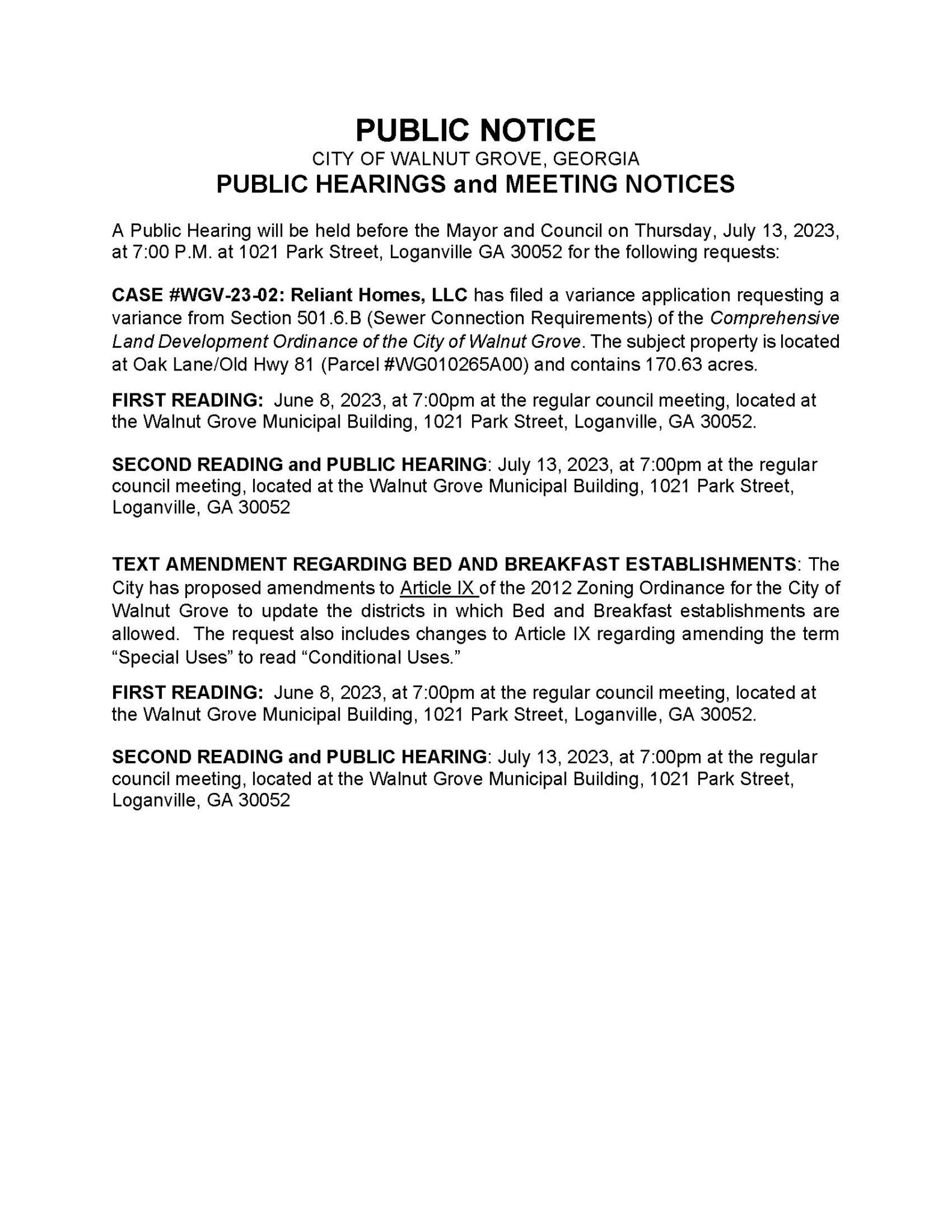 Notices and Documents City of Walnut Grove